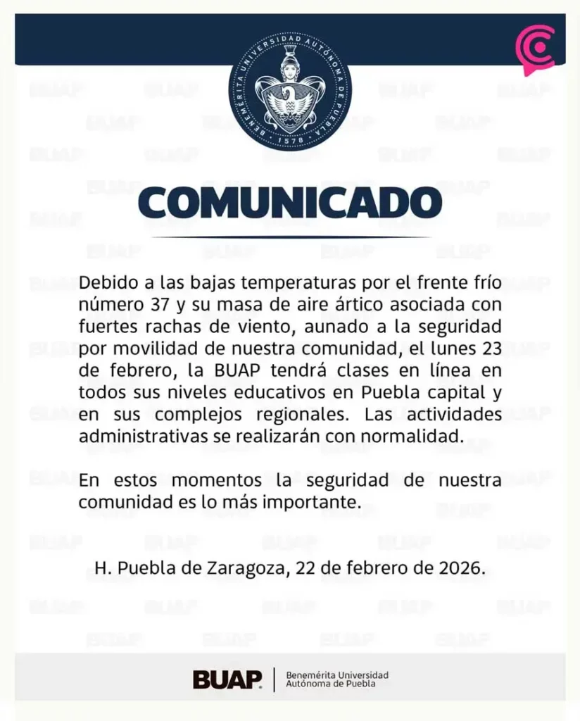 Por Frente Frío 37, BUAP anuncia clases en línea para este 23 de febrero