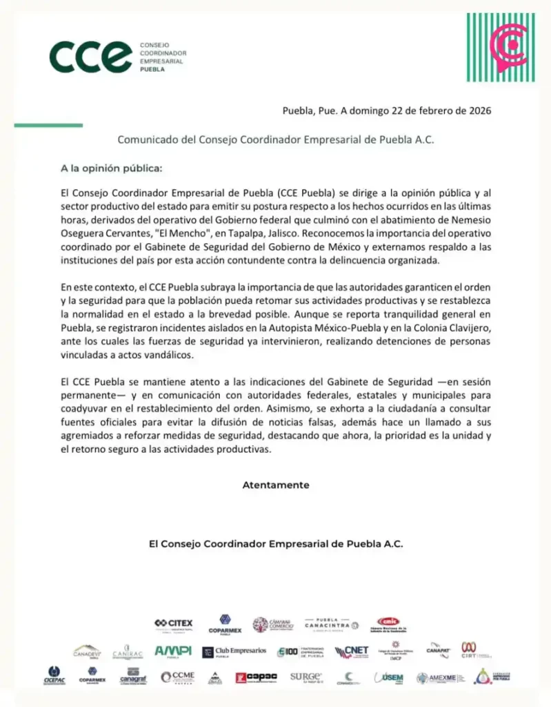 Tras violencia por muerte de “El Mencho”, CCE Puebla llama a reforzar medidas de seguridad