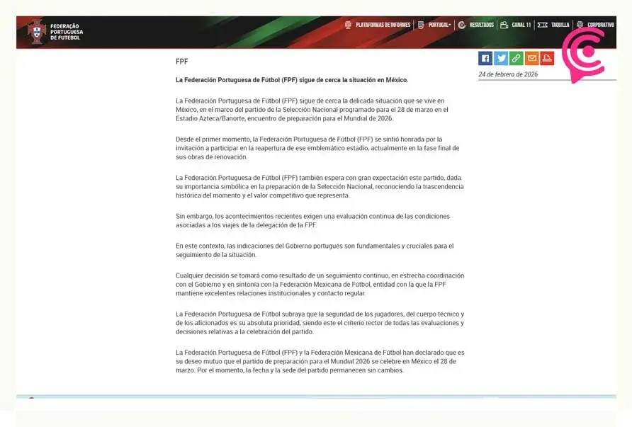 Portugal analiza suspender duelo contra México tras caída de “El Mencho”