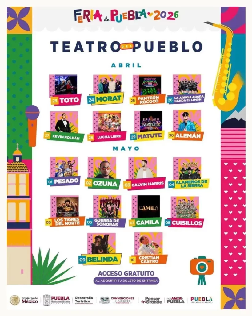 Esta es la cartelera del Palenque y Teatro del Pueblo de la Feria de Puebla 2026
