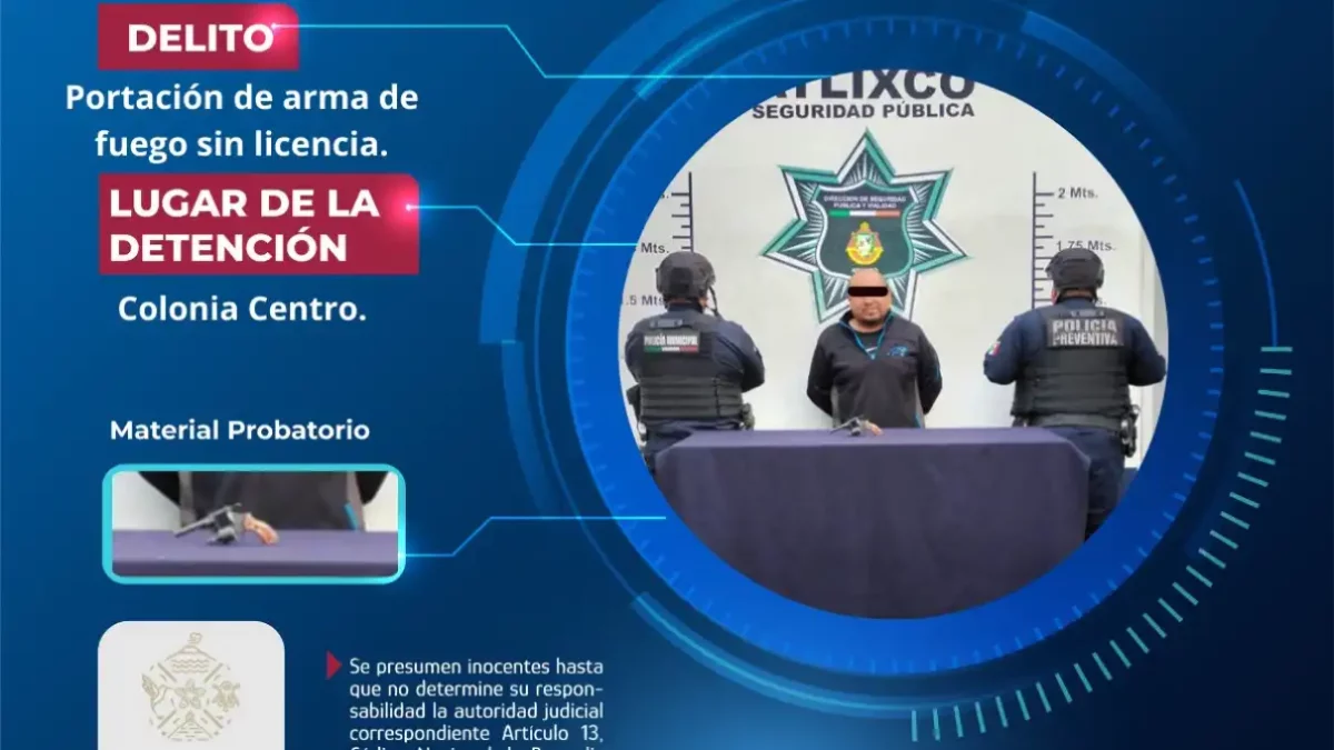 Secretaría de Seguridad Ciudadana de Atlixco asegura a masculino por probable portación ilegal de arma de fuego
