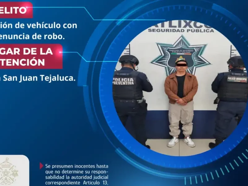 Secretaría de Seguridad Ciudadana de Atlixco asegura vehículo con predenuncia de robo y detiene a un masculino