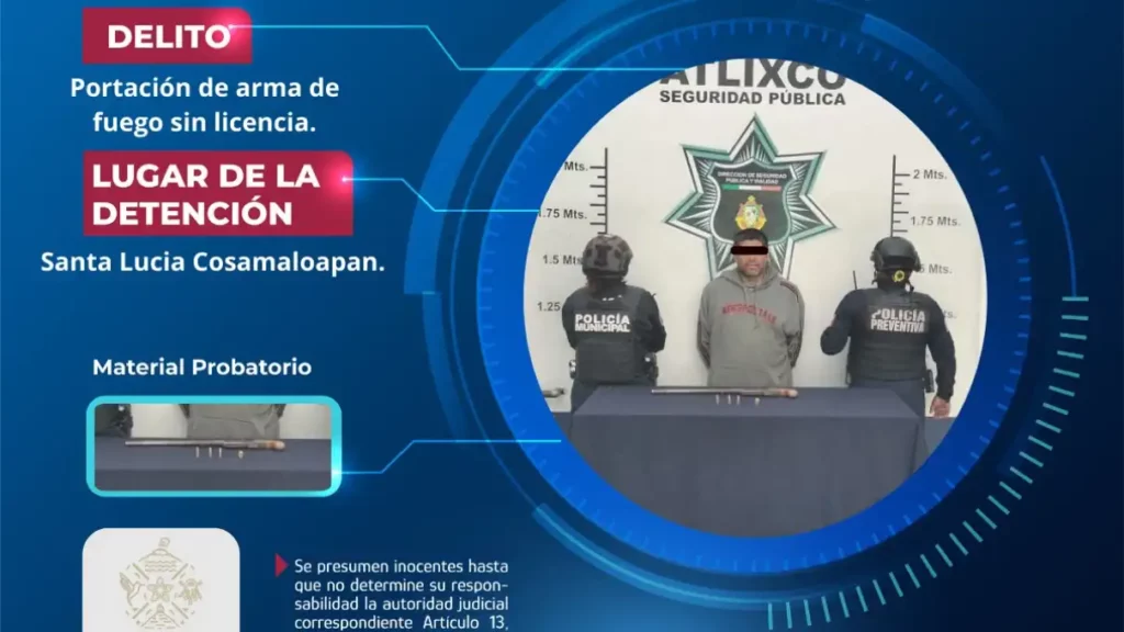 Secretaría de Seguridad Ciudadana de Atlixco detiene a masculino por portación ilegal de arma de fuego