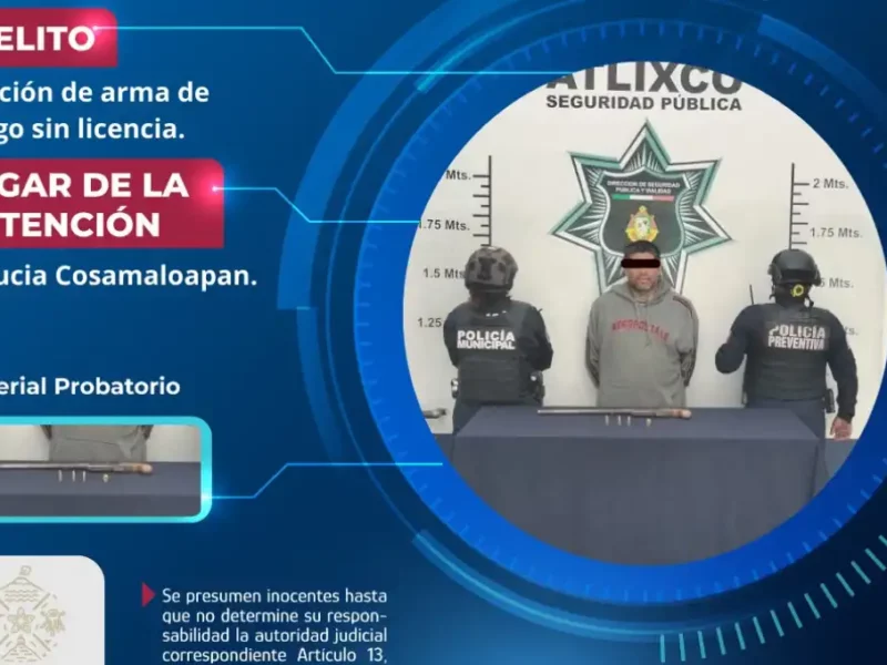 Secretaría de Seguridad Ciudadana de Atlixco detiene a masculino por portación ilegal de arma de fuego