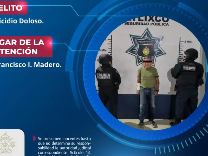Secretaría de Seguridad Ciudadana de Atlixco detiene a masculino por probable homicidio doloso