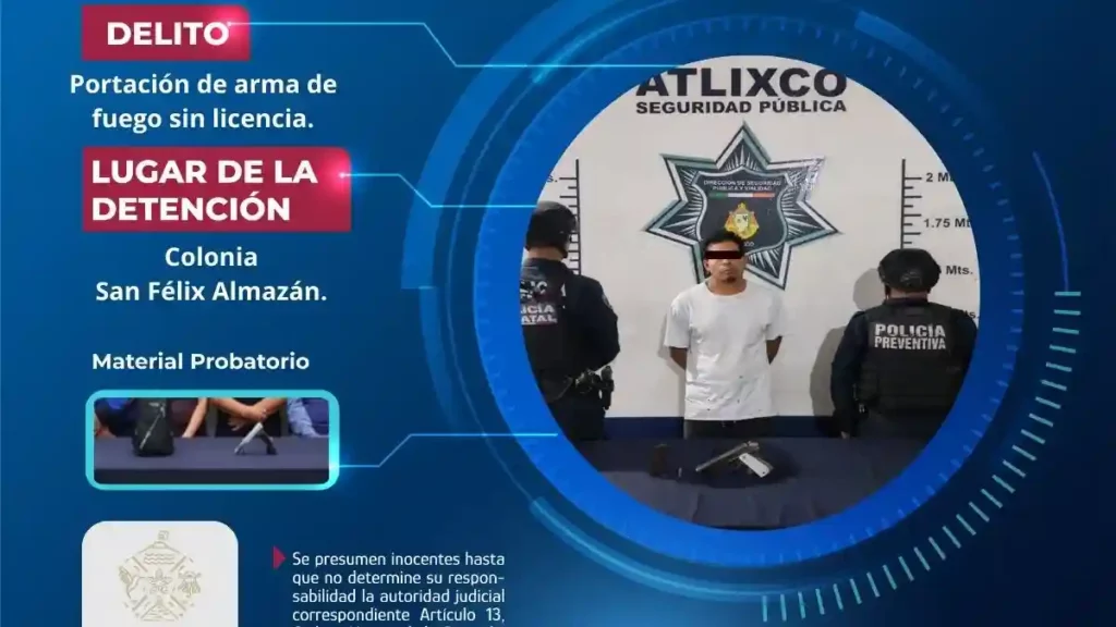 Secretaría de Seguridad Ciudadana de Atlixco detiene a masculino por portación de arma de fuego