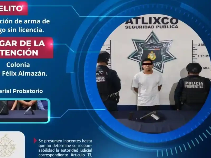 Secretaría de Seguridad Ciudadana de Atlixco detiene a masculino por portación de arma de fuego