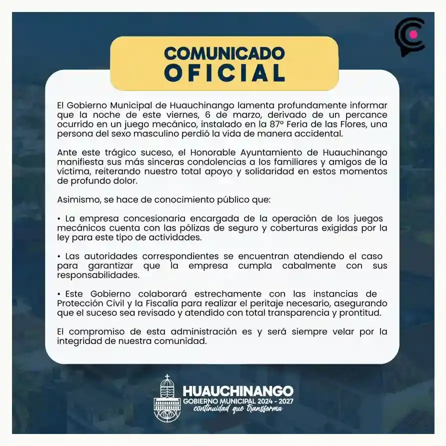 Hombre murió tras caer de juego mecánico en la Feria de las Flores de Huauchinango