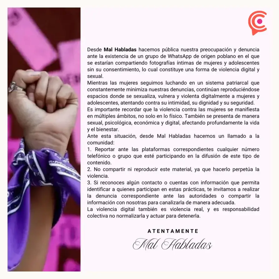 Colectiva Mal Habladas denuncia red de violencia digital y difusión de nudes por WhatsApp en Puebla