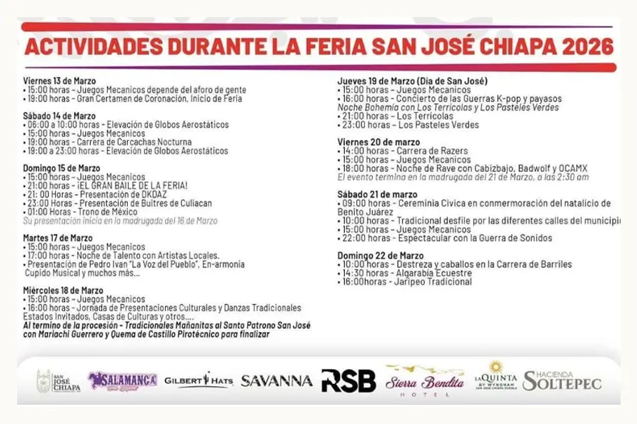 Revelan cartelera de la Feria de San José Chiapa 2026; estas son las actividades
