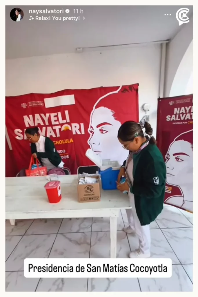 Nay Salvatori utiliza vacunación del IMSS en San Pedro Cholula para promoción personalizada