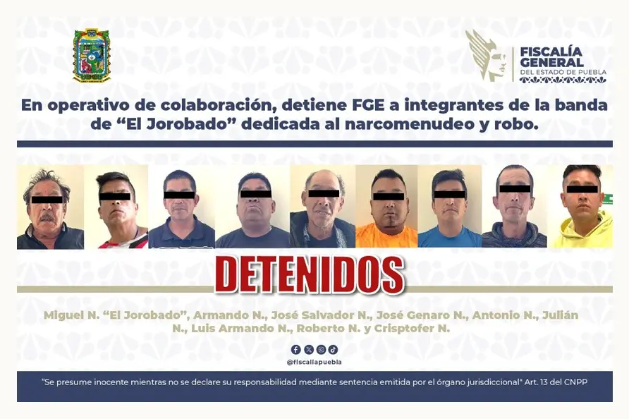 Imputan robo y narcomenudeo a “El Jorobado” y 8 miembros de Fuerza 2000 detenidos en Puebla