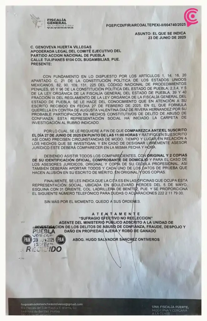 PAN Puebla denuncia a su exdirigente Augusta Díaz por abuso de confianza