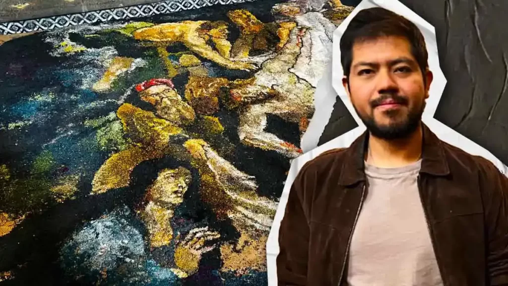 Artista poblano recrea “El Descendimiento de la Cruz” en tapete de aserrín en Santo Domingo, Puebla