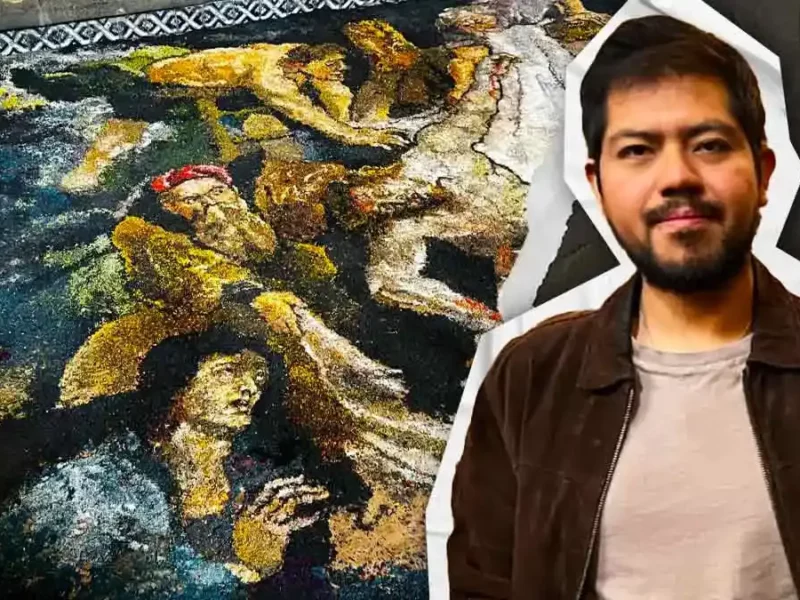 Artista poblano recrea “El Descendimiento de la Cruz” en tapete de aserrín en Santo Domingo, Puebla