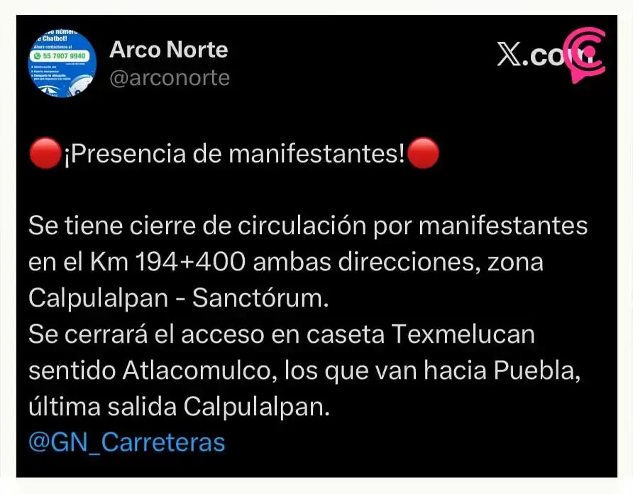 Megabloqueo afecta el Arco Norte con sentido a Puebla; tráfico detenido por cierre de ambos sentidos