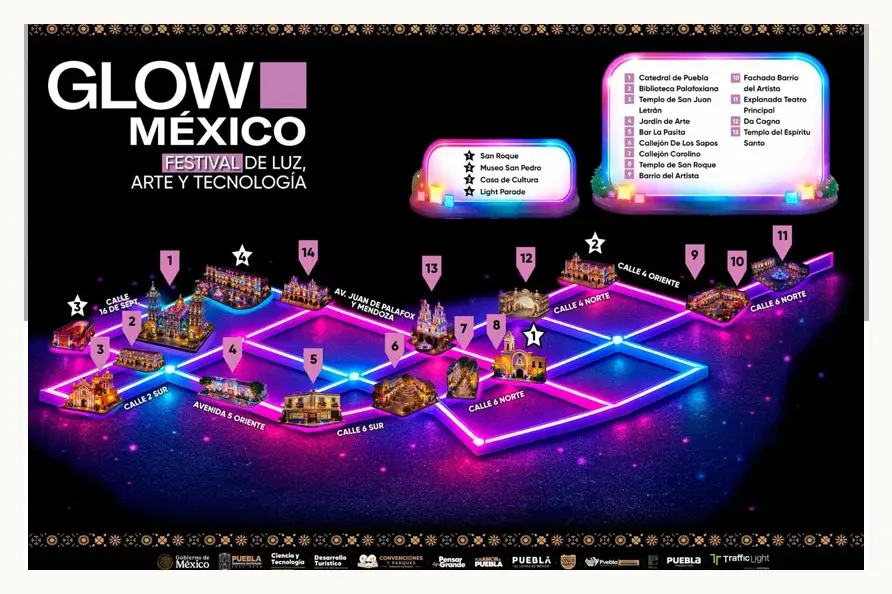 Revelan recorrido del Festival Glow 2026 en Puebla; incluirá obras de artistas locales