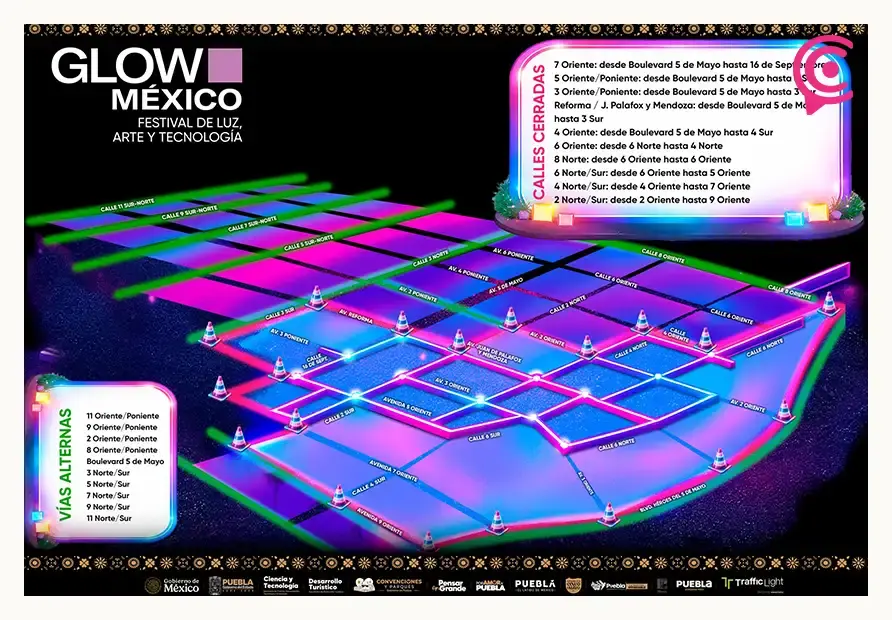 Mapa de cierres viales en el Centro de Puebla por Festival Glow México 2026