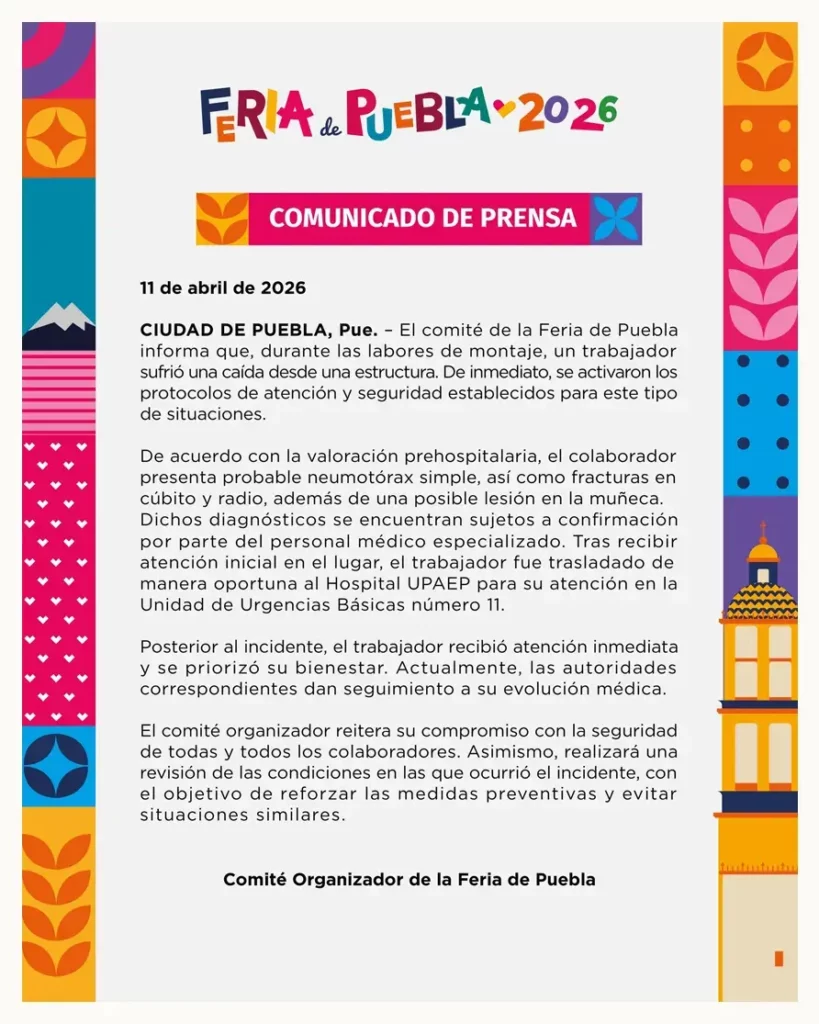 Trabajador de la Feria de Puebla 2026 sufre caída tras realizar labores de montaje