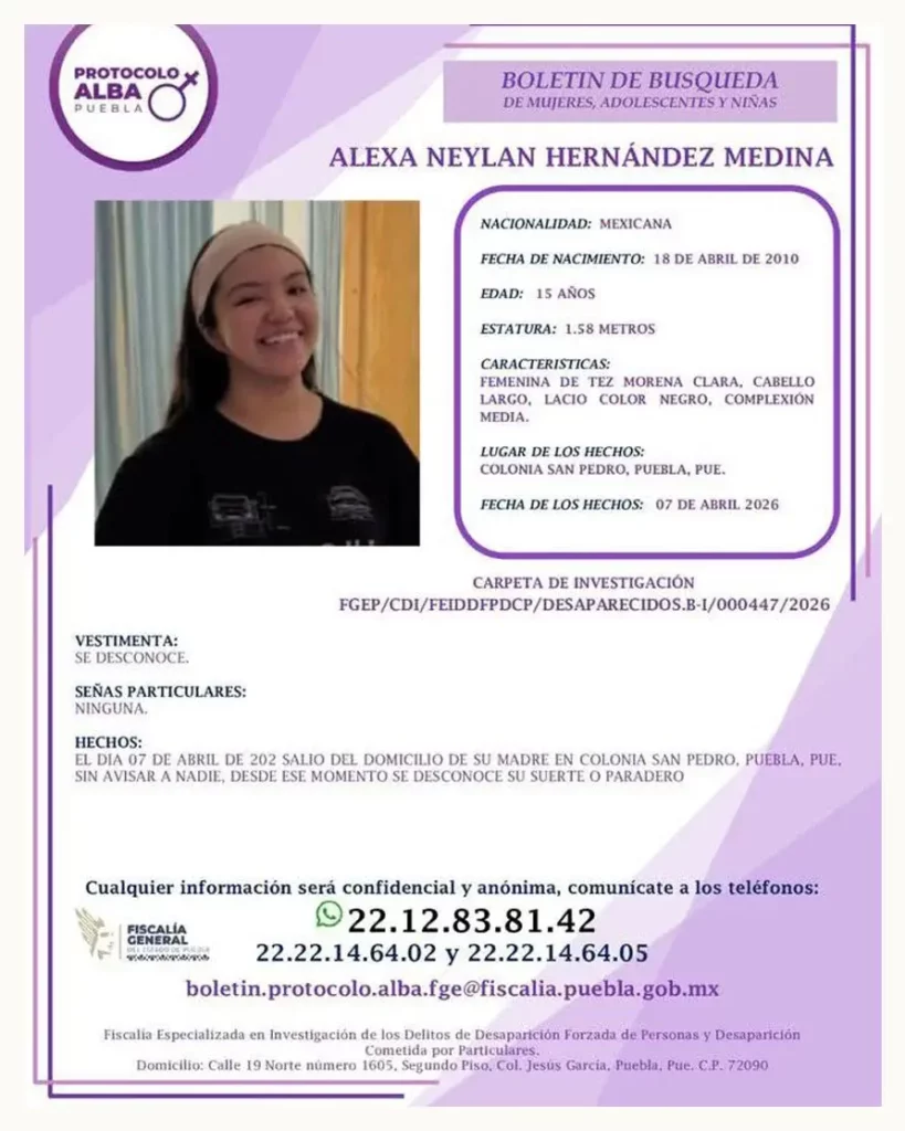 Activan Protocolo Alba en Puebla, buscan a la quinceañera Alexa Neylan, reportada como desaparecida