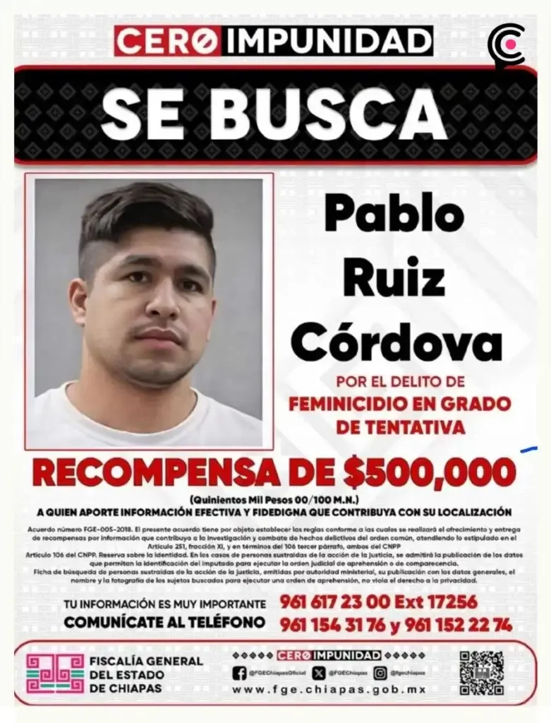 Chiapas ofrece recompensa por Pablo Ruiz Córdova; cortó las manos de Ana Luisa con machete