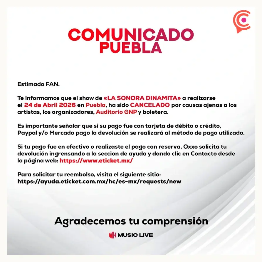 Cancelan concierto de La Sonora Dinamita en Puebla; así puedes solicitar tu reembolso