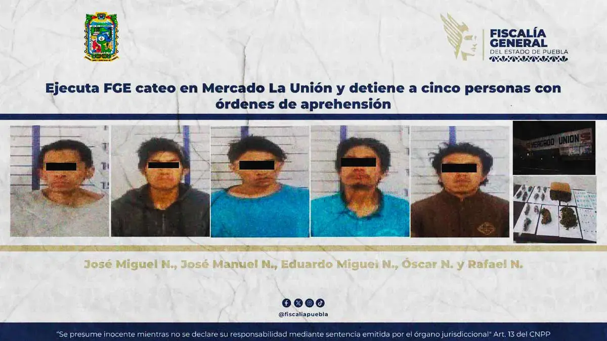 Fiscalía de Puebla catea Mercado Unión por desaparición de persona y detiene a cinco por diversos delitos