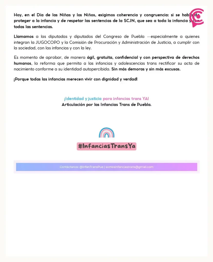 Activistas exigen al Congreso de Puebla cumplir fallo de SCJN sobre identidad de infancias trans  