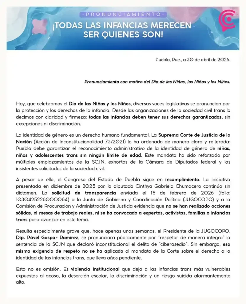 Activistas exigen al Congreso de Puebla cumplir fallo de SCJN sobre identidad de infancias trans  