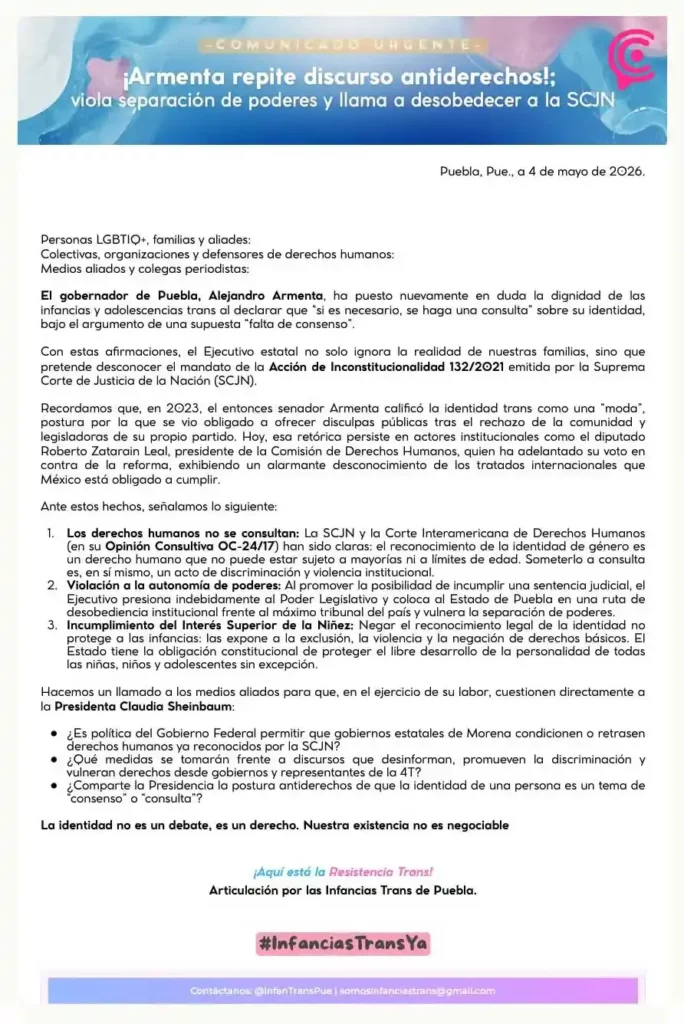 Colectivo acusa a Alejandro Armenta de promover discurso antiderechos contra infancias trans por consulta ciudadana