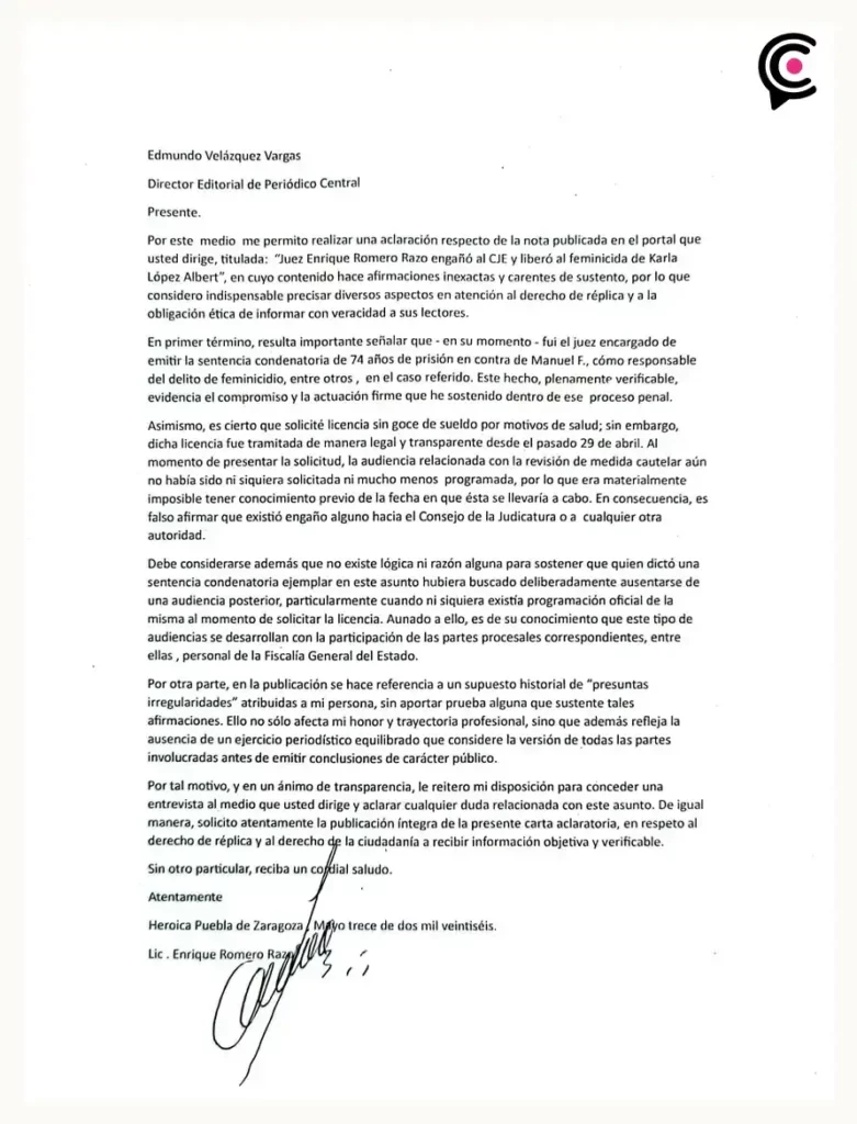 El juez Enrique Romero Razo intentó engañar al Consejo de la Judicatura para favorecer la liberación de Manuel Forcelledo Nader, feminicida sentenciado por el caso de Karla López Albert.