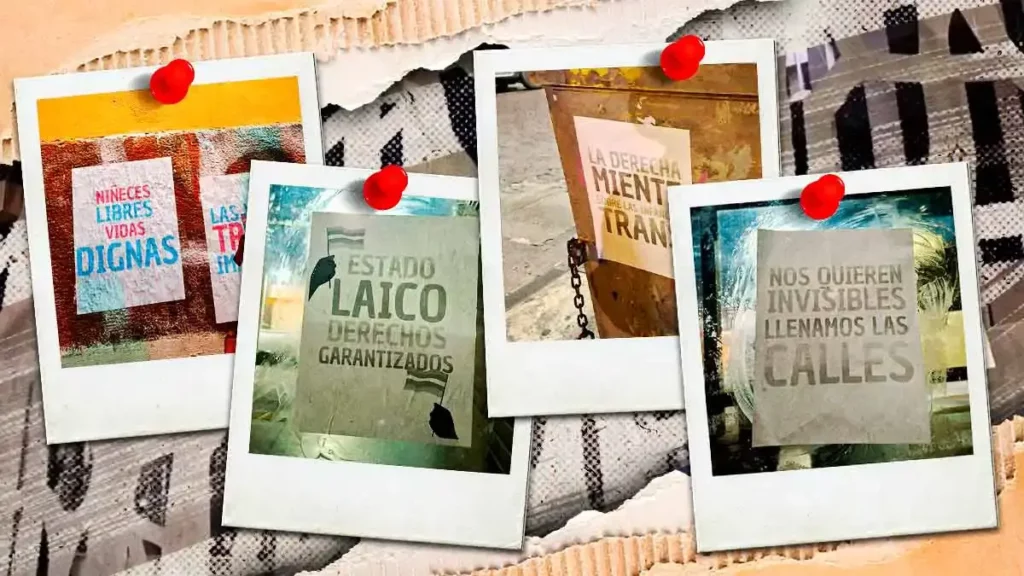 Activistas LGBT+ tapizan Puebla capital con carteles; exigen al Congreso local legislar por las infancias trans