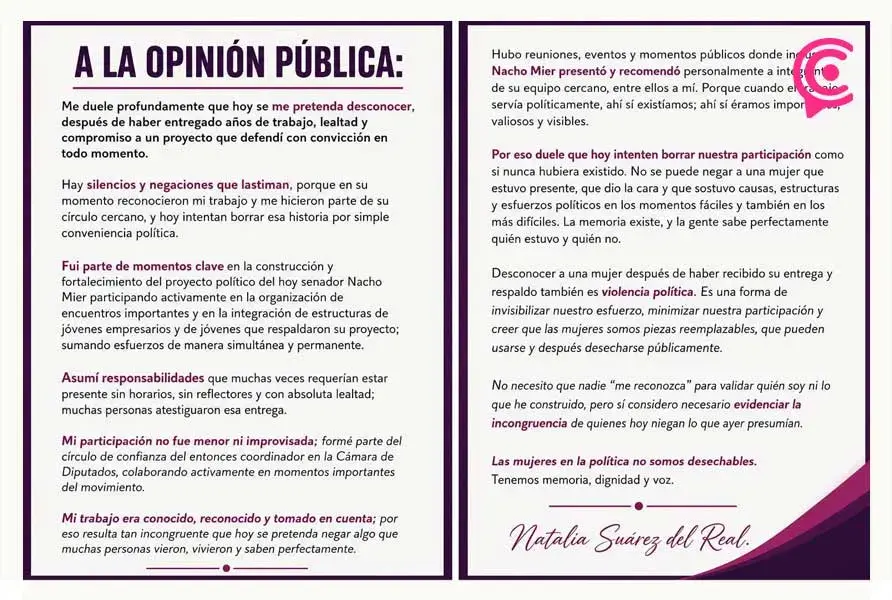 Natalia Suárez del Real acusa a Nacho Mier de violencia política tras ser desconocerla públicamente