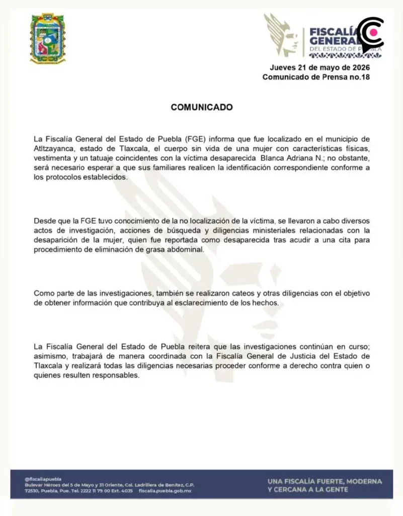 Encuentran sin vida a Blanca Adriana Vázquez en Tlaxcala tras cirugía en clínica "Detox" de Puebla