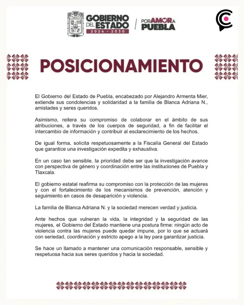 Fiscalía de Puebla confirma identidad de Blanca Adriana Vázquez; Gobierno del Estado pide investigación exhaustiva