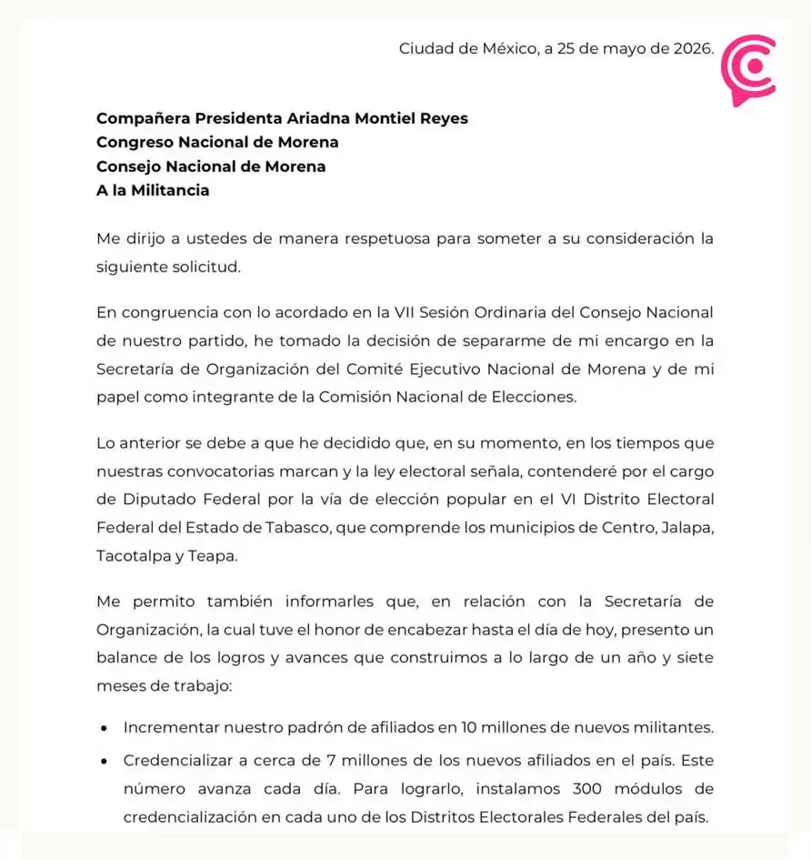 Andy López Beltrán renuncia a cargo en Morena; va por una diputación federal en Tabasco