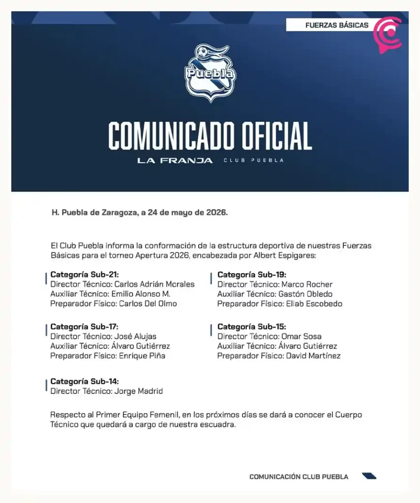 Club Puebla reestructura sus fuerzas básicas rumbo al Apertura 2026