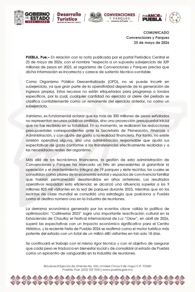 Convenciones y Parques registra subejercicio por más de 329 millones de pesos en 2025