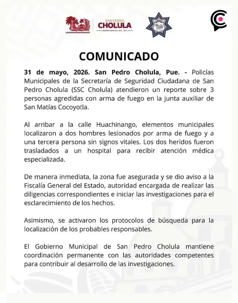 Ataque armado deja un muerto y dos heridos en San Pedro Cholula