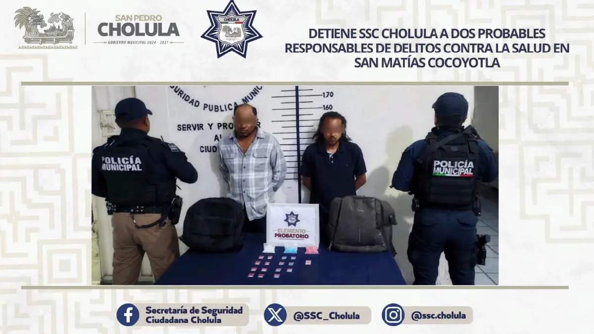 Detiene SSC Cholula a dos probables responsables de delitos contra la salud en San Matías Cocoyotla