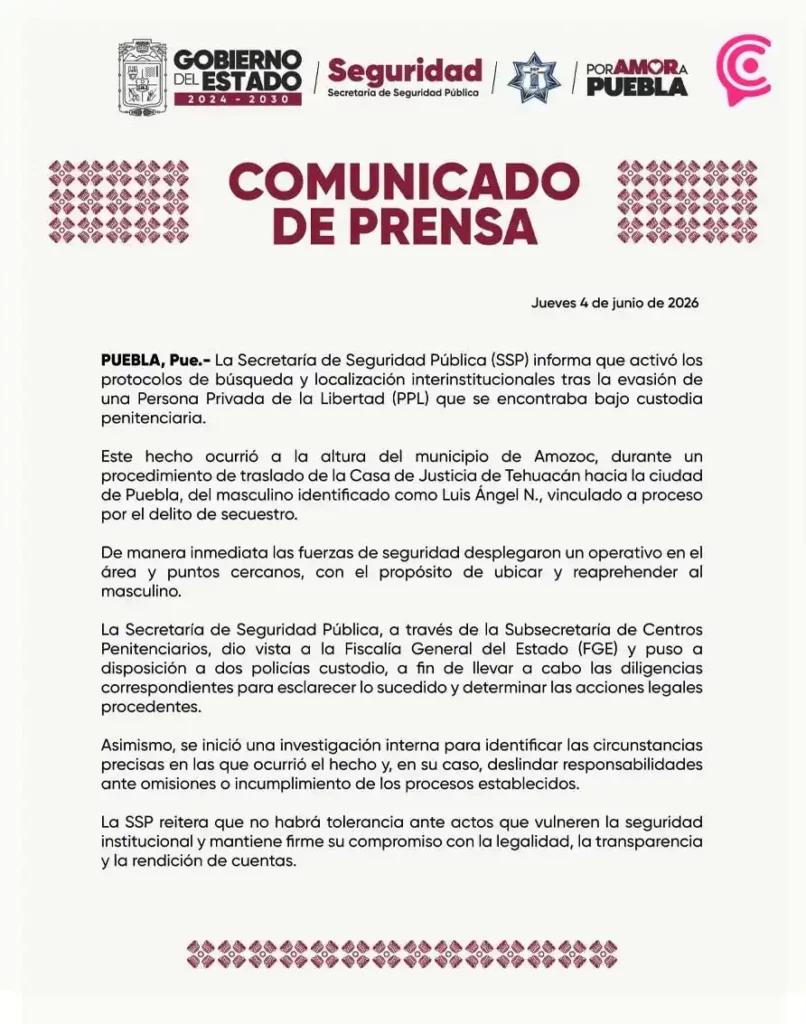 Secuestrador se escapa en Puebla; detienen a policías por complicidad de fuga