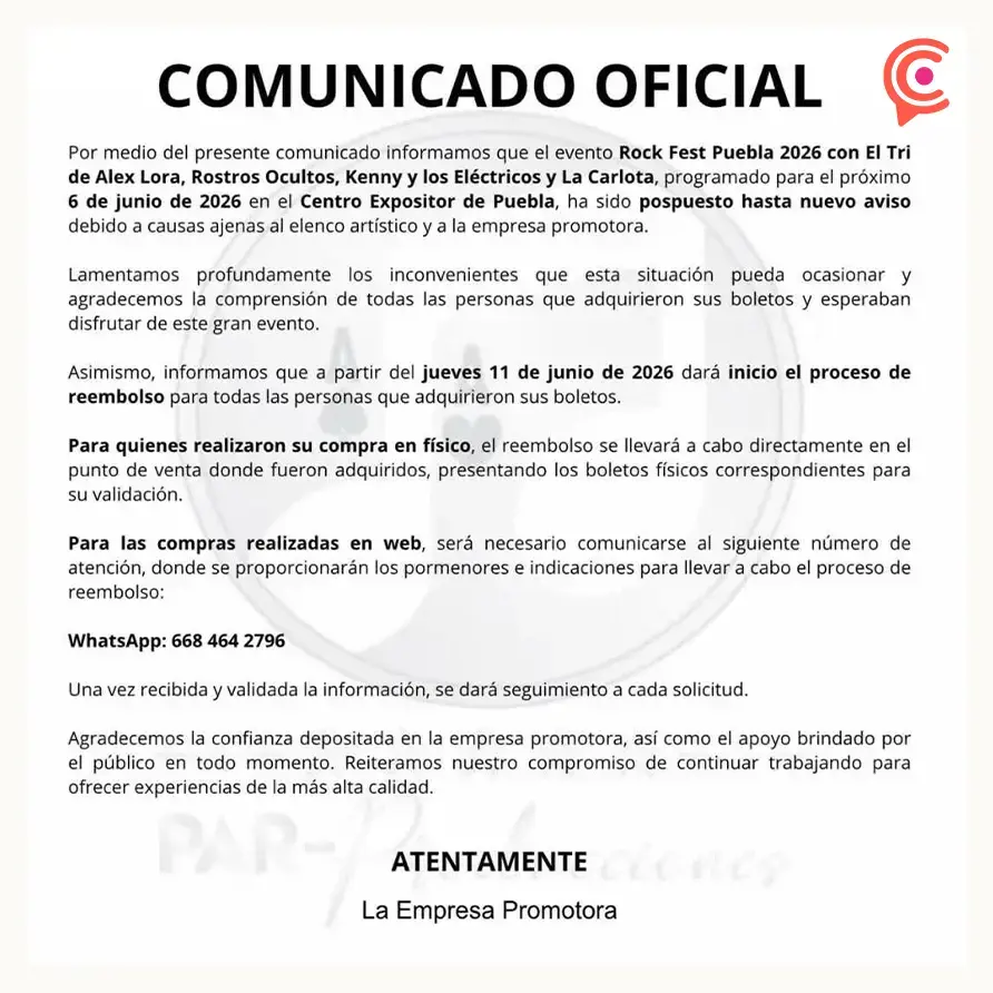 Posponen Rock Fest Puebla 2026; Víctimas del Dr. Cerebro cancelan por incumplimiento de organizadores