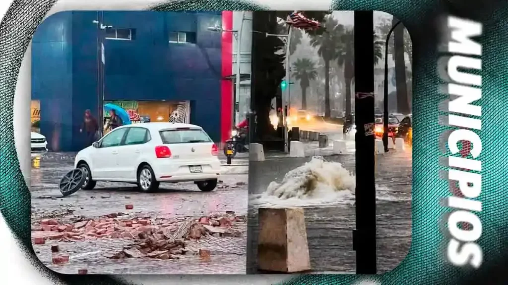 Colapsa drenaje tras lluvia intensa y destroza adoquín de la Avenida Juárez, Puebla
