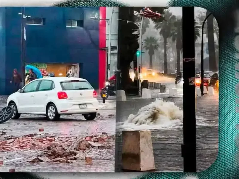 Colapsa drenaje tras lluvia intensa y destroza adoquín de la Avenida Juárez, Puebla