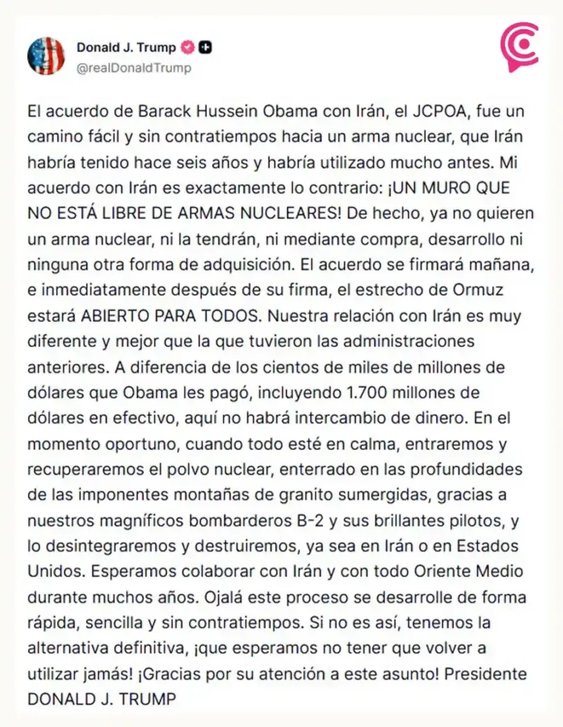 Donald Trump anuncia que firmará acuerdo de paz con Irán para poner fin a la guerra