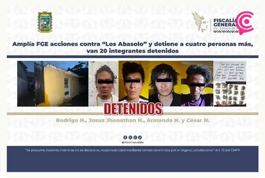 Fiscalía de Puebla detiene a cuatro integrantes de la banda “Los Abasolo”; suman 20 detenidos