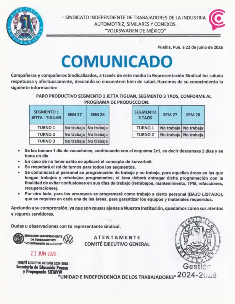 Sindicato de Volkswagen anuncia paro de producción de dos semanas en planta de Puebla
