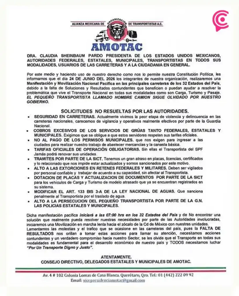 Amotac anuncia movilización masiva de transportistas en México; amenazan con cierres viales en Puebla