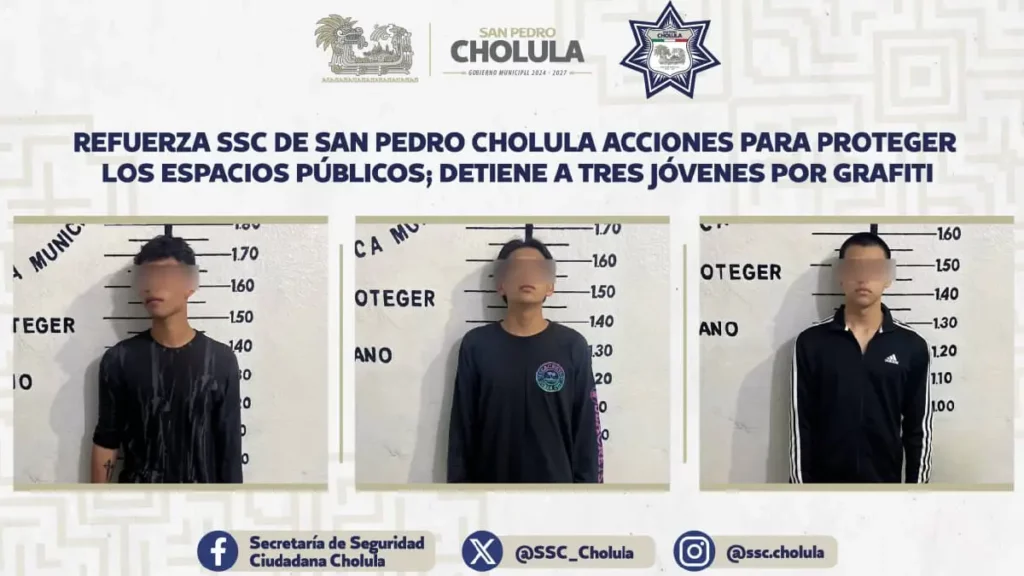 Refuerza SSC de San Pedro Cholula acciones para proteger los espacios públicos; detiene a tres jóvenes por grafitis