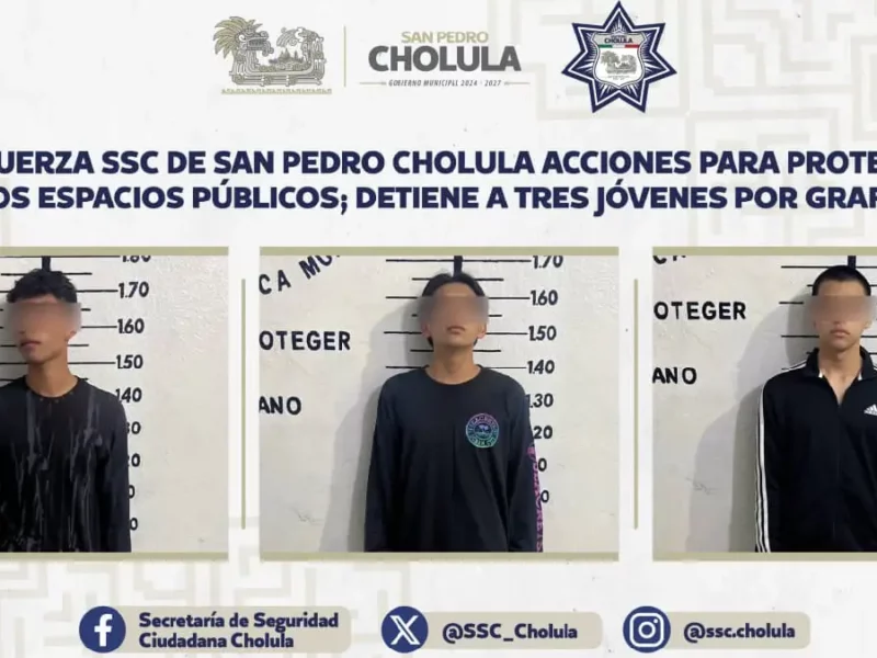 Refuerza SSC de San Pedro Cholula acciones para proteger los espacios públicos; detiene a tres jóvenes por grafitis